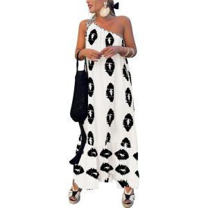 PRETTYGARDEN Women’s 2026 Summer One Shoulder Maxi Dress Printed Flowy Boho Long Sundresses Spring Beach Vacation Clothes(White Black Floral)