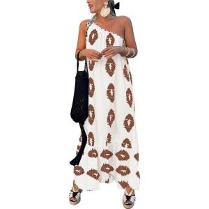 PRETTYGARDEN Women’s 2026 Summer One Shoulder Maxi Dress Printed Flowy Boho Long Sundresses Spring Beach Vacation Clothes(White Khaki Floral)