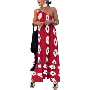 PRETTYGARDEN Women’s 2026 Summer One Shoulder Maxi Dress Printed Flowy Boho Long Sundresses Spring Beach Vacation Clothes(Wine Red White Floral)