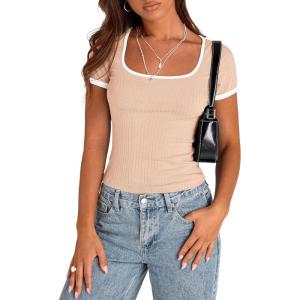 PRETTYGARDEN Womens 2026 Summer Short Sleeve Ribbed Knit T Shirts Square Neck Color Block Slim Fit Basic Tees Going Out Tops(Apricot)