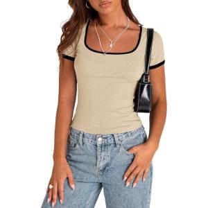 PRETTYGARDEN Womens 2026 Summer Short Sleeve Ribbed Knit T Shirts Square Neck Color Block Slim Fit Basic Tees Going Out Tops(Beige)