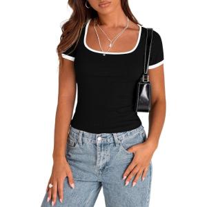 PRETTYGARDEN Womens 2026 Summer Short Sleeve Ribbed Knit T Shirts Square Neck Color Block Slim Fit Basic Tees Going Out Tops(Black)