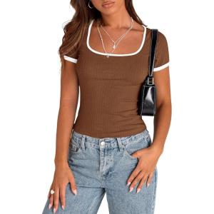 PRETTYGARDEN Womens 2026 Summer Short Sleeve Ribbed Knit T Shirts Square Neck Color Block Slim Fit Basic Tees Going Out Tops(Brown)