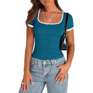 PRETTYGARDEN Womens 2026 Summer Short Sleeve Ribbed Knit T Shirts Square Neck Color Block Slim Fit Basic Tees Going Out Tops(Dark Blue)
