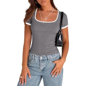 PRETTYGARDEN Womens 2026 Summer Short Sleeve Ribbed Knit T Shirts Square Neck Color Block Slim Fit Basic Tees Going Out Tops(Grey)