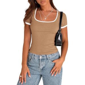 PRETTYGARDEN Womens 2026 Summer Short Sleeve Ribbed Knit T Shirts Square Neck Color Block Slim Fit Basic Tees Going Out Tops(Khaki)