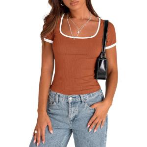 PRETTYGARDEN Womens 2026 Summer Short Sleeve Ribbed Knit T Shirts Square Neck Color Block Slim Fit Basic Tees Going Out Tops(Rust Red)