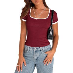 PRETTYGARDEN Womens 2026 Summer Short Sleeve Ribbed Knit T Shirts Square Neck Color Block Slim Fit Basic Tees Going Out Tops(Wine Red)