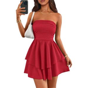 PRETTYGARDEN Women’s 2026 Summer Strapless Tube Mini Dress Off Shoulder Smocked Ruffle A Line Flowy Short Party Club Dresses(Red)