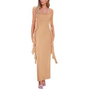PRETTYGARDEN Women’s 2026 Summer Wedding Guest Dress Sleeveless Ruffle Formal Cocktail Party Maxi Bodycon Dresses(Apricot)