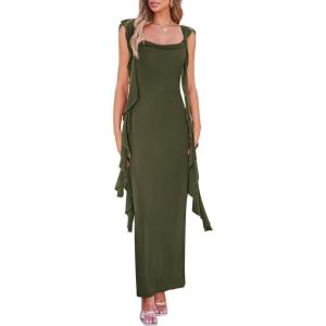 PRETTYGARDEN Women’s 2026 Summer Wedding Guest Dress Sleeveless Ruffle Formal Cocktail Party Maxi Bodycon Dresses(Army Green)