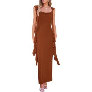 PRETTYGARDEN Women’s 2026 Summer Wedding Guest Dress Sleeveless Ruffle Formal Cocktail Party Maxi Bodycon Dresses(Caramel)
