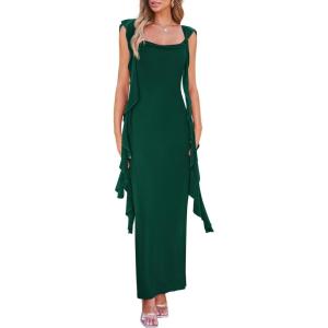 PRETTYGARDEN Women’s 2026 Summer Wedding Guest Dress Sleeveless Ruffle Formal Cocktail Party Maxi Bodycon Dresses(Dark Green)