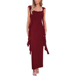 PRETTYGARDEN Women’s 2026 Summer Wedding Guest Dress Sleeveless Ruffle Formal Cocktail Party Maxi Bodycon Dresses(Dark Wine Red)