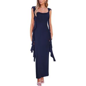 PRETTYGARDEN Women’s 2026 Summer Wedding Guest Dress Sleeveless Ruffle Formal Cocktail Party Maxi Bodycon Dresses(Navy)