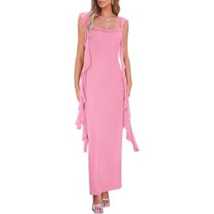 PRETTYGARDEN Women’s 2026 Summer Wedding Guest Dress Sleeveless Ruffle Formal Cocktail Party Maxi Bodycon Dresses(Pink)
