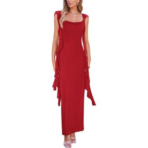 PRETTYGARDEN Women’s 2026 Summer Wedding Guest Dress Sleeveless Ruffle Formal Cocktail Party Maxi Bodycon Dresses(Red)