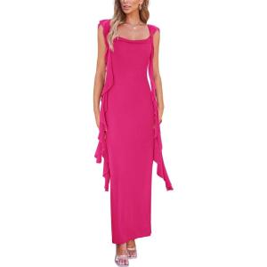 PRETTYGARDEN Women’s 2026 Summer Wedding Guest Dress Sleeveless Ruffle Formal Cocktail Party Maxi Bodycon Dresses(Rose Red)