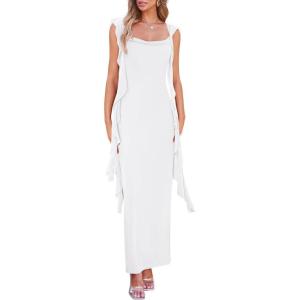PRETTYGARDEN Women’s 2026 Summer Wedding Guest Dress Sleeveless Ruffle Formal Cocktail Party Maxi Bodycon Dresses(White)