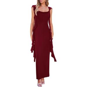 PRETTYGARDEN Women’s 2026 Summer Wedding Guest Dress Sleeveless Ruffle Formal Cocktail Party Maxi Bodycon Dresses(Wine Red)