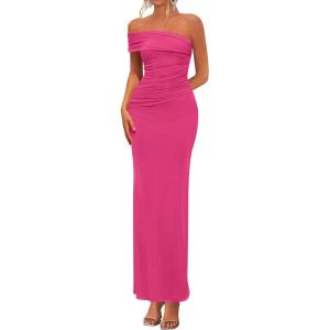 PRETTYGARDEN Women’s 2026 Wedding Guest Cocktail Dresses One Off The Shoulder Ruched Bodycon Formal Maxi Party Summer Outfits(Rose Red)