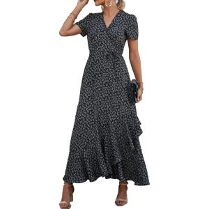 PRETTYGARDEN Women’s Boho Floral Maxi Dress Summer Short Sleeve Wrap V Neck Long Flowy Beach Vacation Wedding Guest Dresses(Black)
