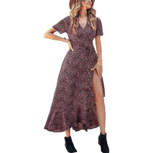 PRETTYGARDEN Women’s Boho Floral Maxi Dress Summer Short Sleeve Wrap V Neck Long Flowy Beach Vacation Wedding Guest Dresses(Black Red Floral)