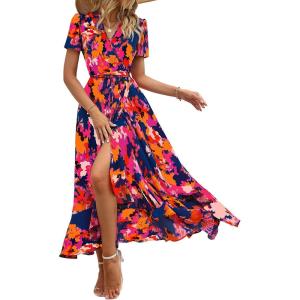 PRETTYGARDEN Women’s Boho Floral Maxi Dress Summer Short Sleeve Wrap V Neck Long Flowy Beach Vacation Wedding Guest Dresses(Blue Orange Floral)