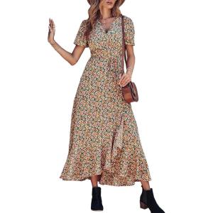 PRETTYGARDEN Women’s Boho Floral Maxi Dress Summer Short Sleeve Wrap V Neck Long Flowy Beach Vacation Wedding Guest Dresses(Blue Pink Floral)
