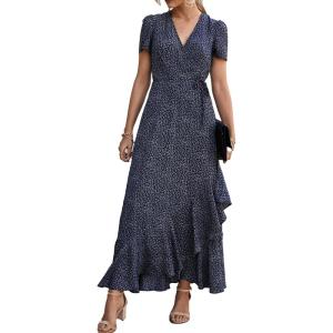 PRETTYGARDEN Women’s Boho Floral Maxi Dress Summer Short Sleeve Wrap V Neck Long Flowy Beach Vacation Wedding Guest Dresses(Blue/White)