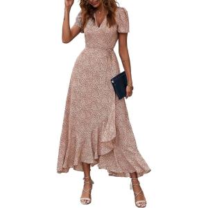 PRETTYGARDEN Women’s Boho Floral Maxi Dress Summer Short Sleeve Wrap V Neck Long Flowy Beach Vacation Wedding Guest Dresses(Brown)