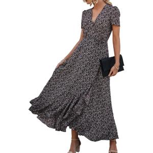 PRETTYGARDEN Women’s Boho Floral Maxi Dress Summer Short Sleeve Wrap V Neck Long Flowy Beach Vacation Wedding Guest Dresses(Coffee)