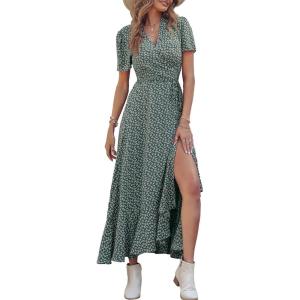 PRETTYGARDEN Women’s Boho Floral Maxi Dress Summer Short Sleeve Wrap V Neck Long Flowy Beach Vacation Wedding Guest Dresses(Dark Green Floral)