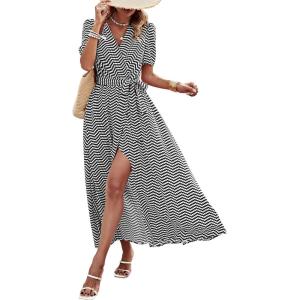 PRETTYGARDEN Women’s Boho Floral Maxi Dress Summer Short Sleeve Wrap V Neck Long Flowy Beach Vacation Wedding Guest Dresses(Dot Black White)