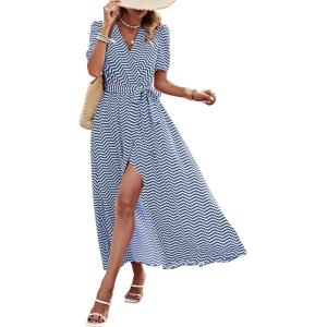 PRETTYGARDEN Women’s Boho Floral Maxi Dress Summer Short Sleeve Wrap V Neck Long Flowy Beach Vacation Wedding Guest Dresses(Dot Blue White)