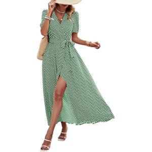 PRETTYGARDEN Women’s Boho Floral Maxi Dress Summer Short Sleeve Wrap V Neck Long Flowy Beach Vacation Wedding Guest Dresses(Dot Green White)