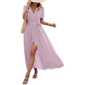 PRETTYGARDEN Women’s Boho Floral Maxi Dress Summer Short Sleeve Wrap V Neck Long Flowy Beach Vacation Wedding Guest Dresses(Dot Pink White)
