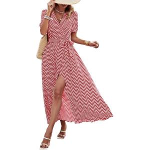 PRETTYGARDEN Women’s Boho Floral Maxi Dress Summer Short Sleeve Wrap V Neck Long Flowy Beach Vacation Wedding Guest Dresses(Dot Red White)