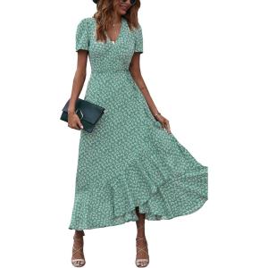 PRETTYGARDEN Women’s Boho Floral Maxi Dress Summer Short Sleeve Wrap V Neck Long Flowy Beach Vacation Wedding Guest Dresses(Green)