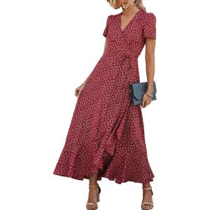 PRETTYGARDEN Women’s Boho Floral Maxi Dress Summer Short Sleeve Wrap V Neck Long Flowy Beach Vacation Wedding Guest Dresses(Red)