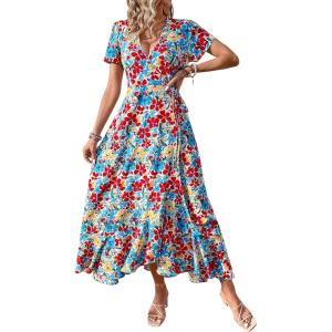 PRETTYGARDEN Women’s Boho Floral Maxi Dress Summer Short Sleeve Wrap V Neck Long Flowy Beach Vacation Wedding Guest Dresses(Red Blue Floral)