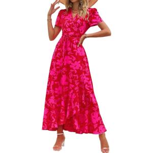 PRETTYGARDEN Women’s Boho Floral Maxi Dress Summer Short Sleeve Wrap V Neck Long Flowy Beach Vacation Wedding Guest Dresses(Red Floral)