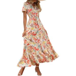 PRETTYGARDEN Women’s Boho Floral Maxi Dress Summer Short Sleeve Wrap V Neck Long Flowy Beach Vacation Wedding Guest Dresses(White Floral)