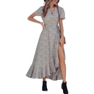 PRETTYGARDEN Women’s Boho Floral Maxi Dress Summer Short Sleeve Wrap V Neck Long Flowy Beach Vacation Wedding Guest Dresses(White Leopard)