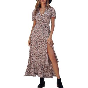 PRETTYGARDEN Women’s Boho Floral Maxi Dress Summer Short Sleeve Wrap V Neck Long Flowy Beach Vacation Wedding Guest Dresses(White Red Floral)