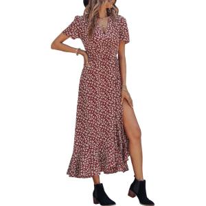 PRETTYGARDEN Women’s Boho Floral Maxi Dress Summer Short Sleeve Wrap V Neck Long Flowy Beach Vacation Wedding Guest Dresses(Wine Red Floral)
