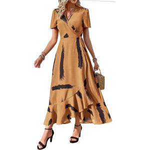 PRETTYGARDEN Women’s Boho Floral Maxi Dress Summer Short Sleeve Wrap V Neck Long Flowy Beach Vacation Wedding Guest Dresses(Yellow Black Ink)