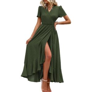PRETTYGARDEN Women’s Boho Floral Maxi Dress Summer Short Sleeve Wrap V Neck Long Flowy Beach Vacation Wedding Guest Dresses(Z_army Green)