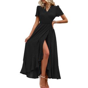 PRETTYGARDEN Women’s Boho Floral Maxi Dress Summer Short Sleeve Wrap V Neck Long Flowy Beach Vacation Wedding Guest Dresses(Z_black)