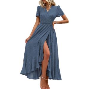 PRETTYGARDEN Women’s Boho Floral Maxi Dress Summer Short Sleeve Wrap V Neck Long Flowy Beach Vacation Wedding Guest Dresses(Z_blue)